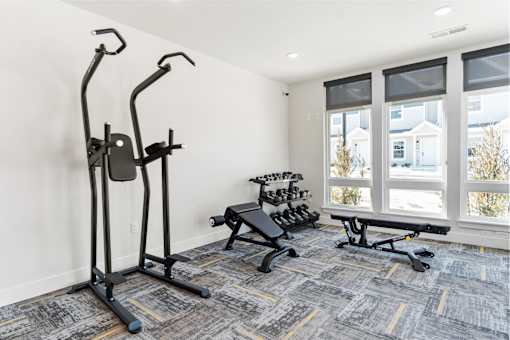 A home gym with a treadmill, bench, and weights.