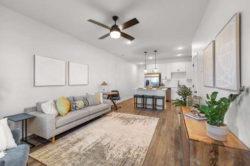 A living room with a grey couch and a rug.