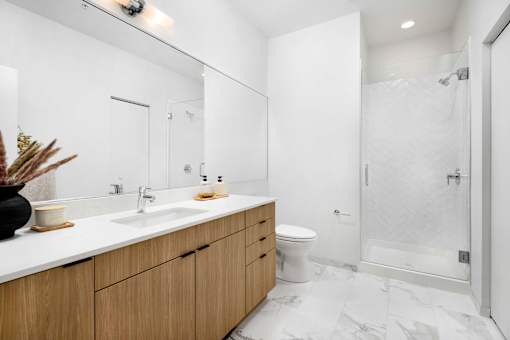 A bathroom with a white sink, toilet, and a walk-in shower.