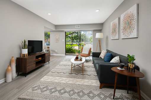 A living room with a grey couch, a wooden coffee table, and a television.