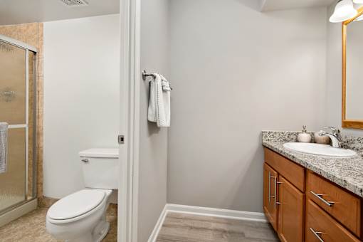 A bathroom with a toilet, sink, and mirror.