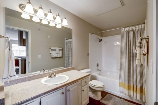 Bathroom with large vanity and lots of counter space, tub and shower combination, wood flooring