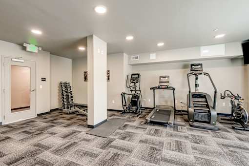 A gym with treadmills, elliptical machines, and other exercise equipment.