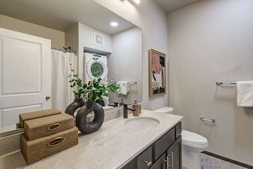 A bathroom with a white toilet, a sink, and a mirror.