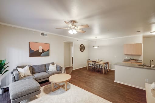 a living room with a couch and a coffee table