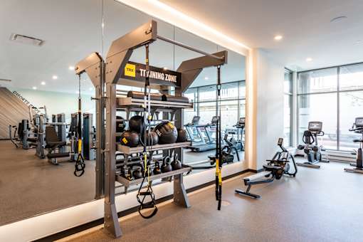 A gym with a variety of equipment including a TRX suspension trainer.