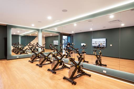 A gym with exercise bikes lined up in rows.