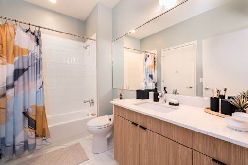 A bathroom with a toilet, sink, and shower curtain.