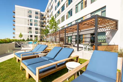 A sunny day at the rooftop pool with blue lounge chairs and a wooden pergola.