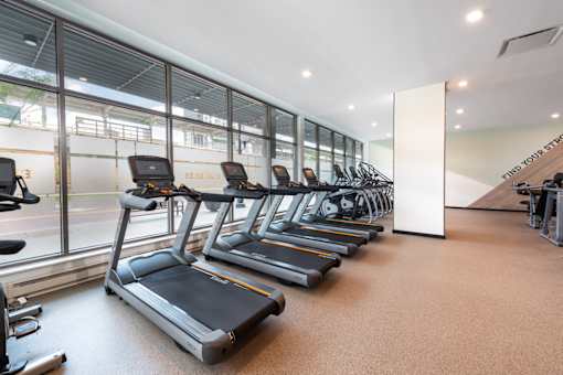 A gym with treadmills and a sign that says "Fit Yourself".
