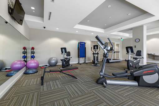 A gym with a variety of equipment including a treadmill, exercise balls, and weights.