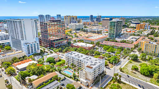 A cityscape with buildings of various heights and a clear sky.