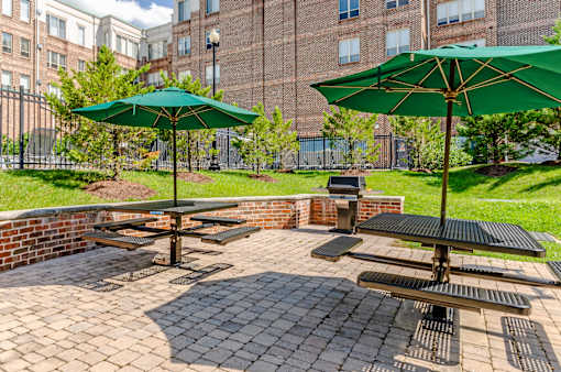 Apartments for Rent in Camp Springs, MD - Tribeca at Camp Springs - A patio with a table and chairs and umbrellas