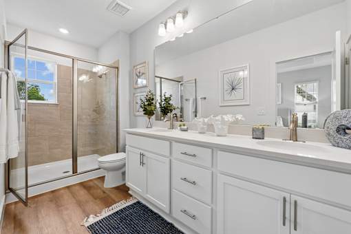 A bathroom with a white vanity and a walk-in shower.