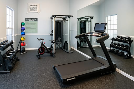 A gym with a treadmill, weights and exercise bikes.