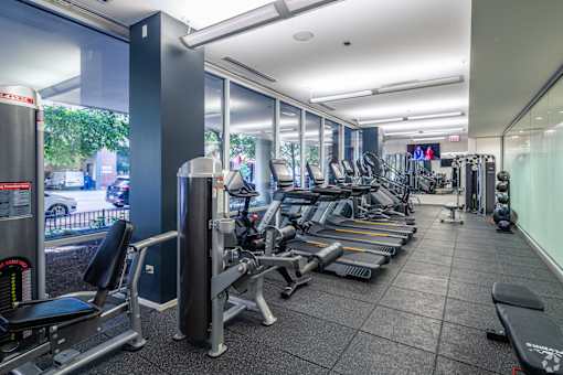 A gym with a row of treadmills and other exercise equipment.