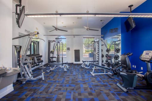 a gym with weights and other exercise equipment in a building with blue walls