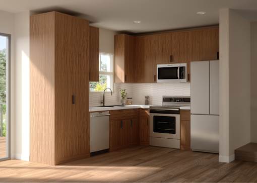 A modern kitchen with wooden cabinets and stainless steel appliances.
