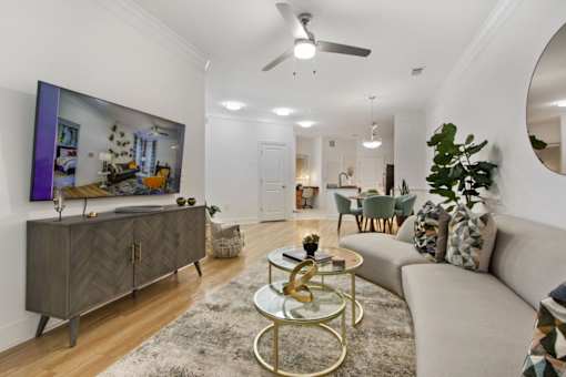Apartments Near Washington D.C. - Tribeca at Camp Springs - A living room with a grey sofa, a coffee table, and a large