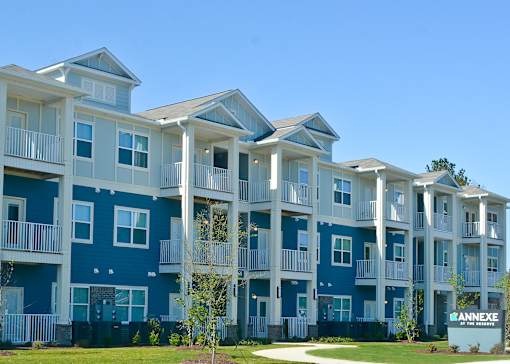 A blue and white apartment complex named Annexe.