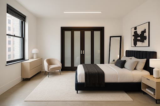 A modern bedroom with a large bed, a chair, and a painting on the wall.