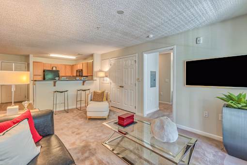 A living room with a couch, a chair, and a television.