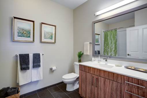 A bathroom with a toilet, sink, mirror, and two pictures on the wall.