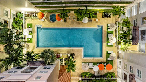 A pool surrounded by plants and hanging lamps.