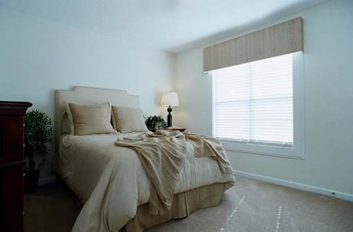 A bedroom with a bed, pillows, a blanket, a lamp, and a window with blinds.