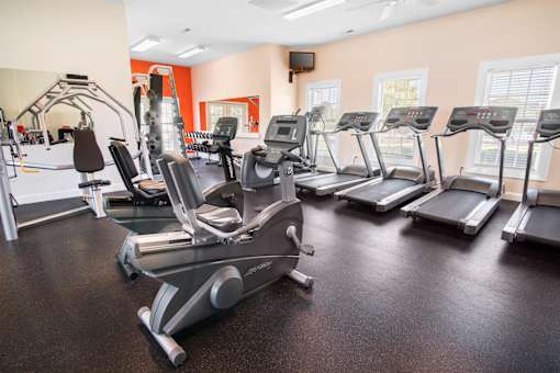 A gym with treadmills and elliptical machines.