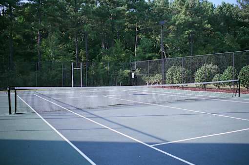 A tennis court surrounded by trees and a fence.