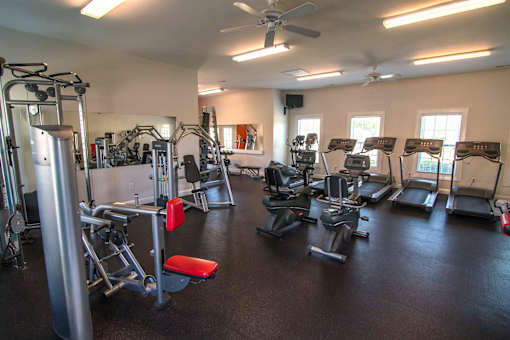 A gym with a variety of equipment including treadmills, weights, and a bench press.