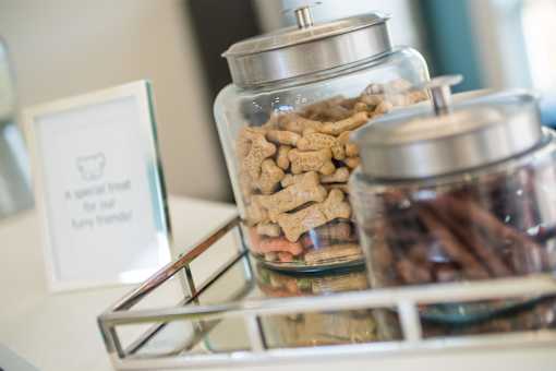 A glass container with a metal lid is filled with dog treats.