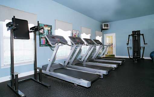 A gym with treadmills and other exercise equipment.