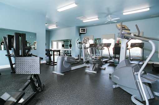 A gym with treadmills, weights, and other exercise equipment.