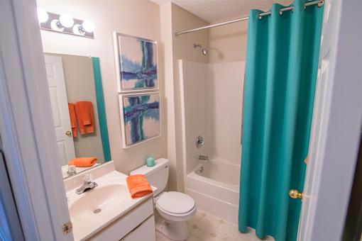A bathroom with a white toilet, sink, and shower.