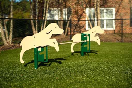 Two wooden dog sculptures are on green stands in a grassy area.