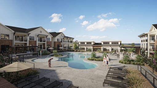 a rendering of an apartment complex with a swimming pool