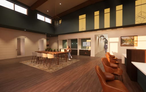 a rendering of a multipurpose room with a table and chairs
