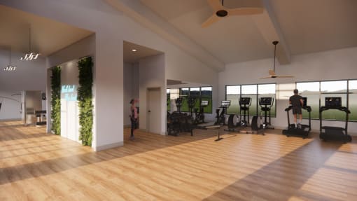a rendering of a gym with a wood floor and windows