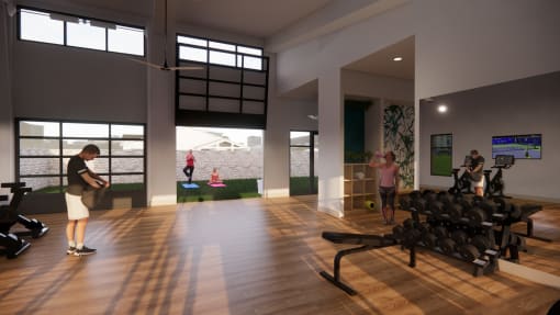 a rendering of a fitness room with weights and people in it