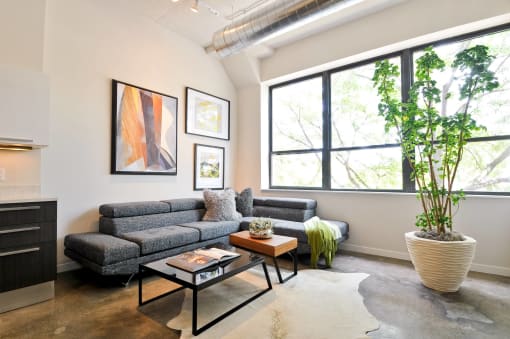 a living room with a couch and a coffee table and a large window