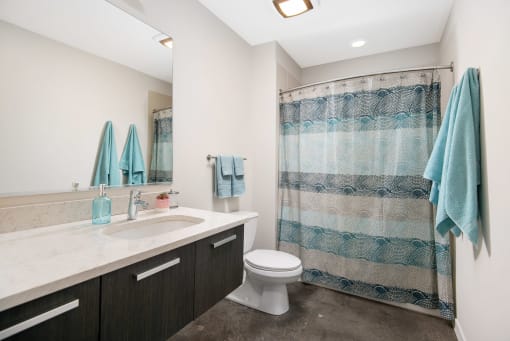 a bathroom with a shower and a sink and a toilet