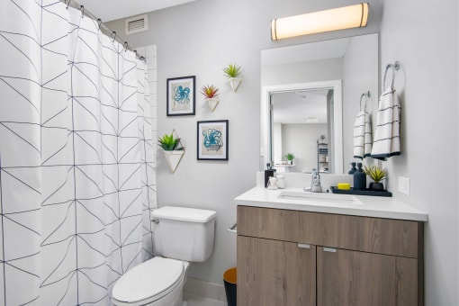 a bathroom with a shower and a toilet and a sink