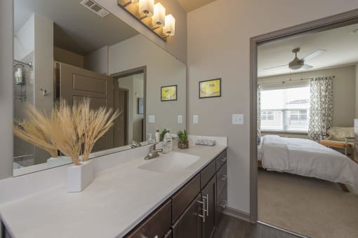 a bathroom with a large mirror and a sink