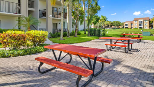 Out picnic area surrounded by lounge chairs with clubhouse and outdoor grilling area.