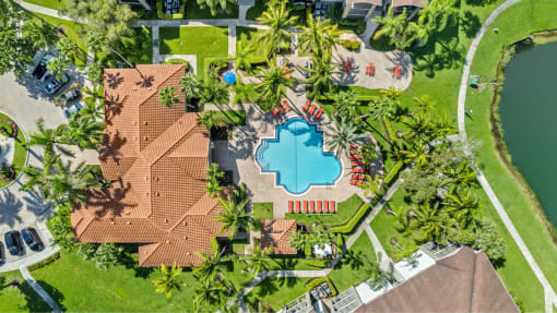 Drone overview of pool and lounge area