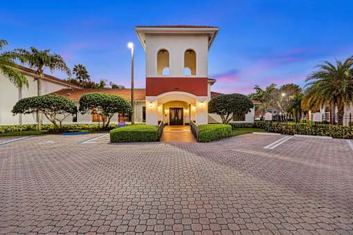 Clubhouse entrance at dusk