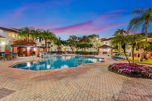 Sunset Gardens pool side at dusk