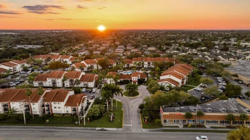 Dusk drone shot showing full property